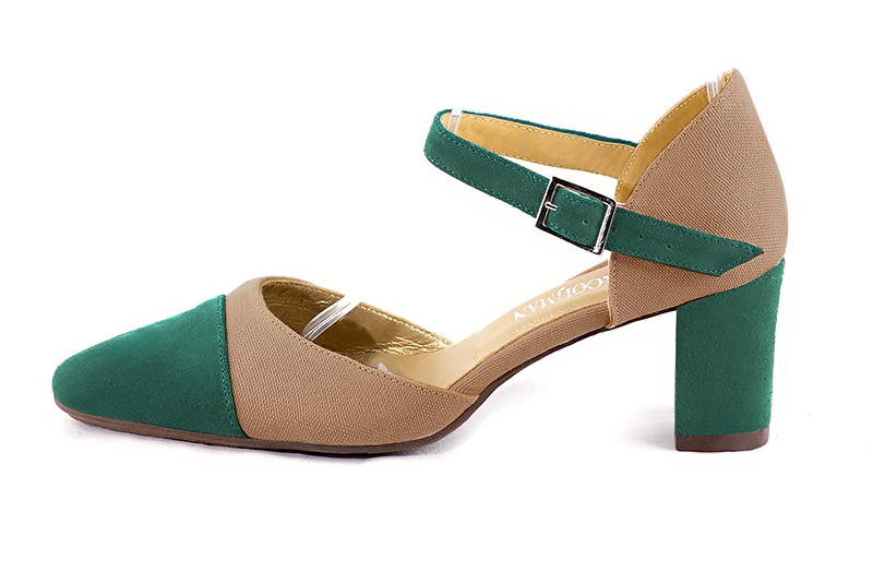 Emerald green and tan beige women's open side shoes, with an instep strap. Round toe. Medium block heels. Profile view - Florence KOOIJMAN